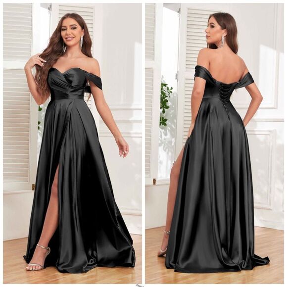 Off The Shoulder Black Satin A-Line Formal Gown Dress Long with Pockets Size 12 - Picture 1 of 3